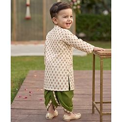 Babyhug 100% Cotton Woven Full Sleeves Kurta and Dhoti Set with Floral Print in Offwhite for 9-12 Months