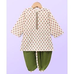 Babyhug 100% Cotton Woven Full Sleeves Kurta and Dhoti Set with Floral Print in Offwhite for 9-12 Months