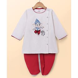 Babyhug Cotton Mix Woven Full Sleeves Kurta & Dhoti Set With Ganesh Embroidery - Off White