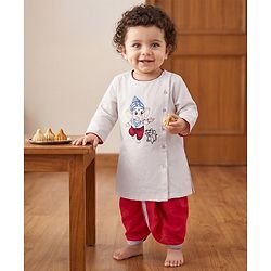 Babyhug Cotton Mix Woven Full Sleeves Kurta & Dhoti Set With Ganesh Embroidery - Off White
