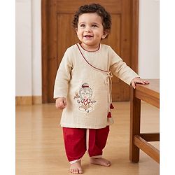 Babyhug Cotton blend Woven Full Sleeves Dhoti Kurta Set with Shiva Embroidery in Beige