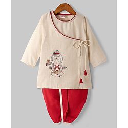 Babyhug Cotton blend Woven Full Sleeves Dhoti Kurta Set with Shiva Embroidery in Beige