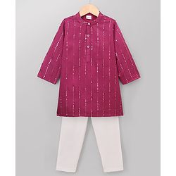 Babyhug Georgette Woven Full Sleeves Kurta and Pajama Set with Stripes Sequin Work - Wine