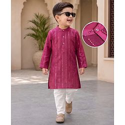Babyhug Georgette Woven Full Sleeves Kurta and Pajama Set with Stripes Sequin Work - Wine