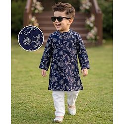 Babyhug Georgette Woven Full Sleeves Kurta & Pyjama Set with Landscape Print - White