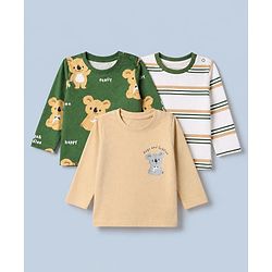 Babyhug 100% Cotton Knit Striped T-Shirts with Full Sleeves & Bear Print Pack of 3 - White Beige & Green