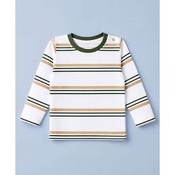 Babyhug 100% Cotton Knit Striped T-Shirts with Full Sleeves & Bear Print Pack of 3 - White Beige & Green