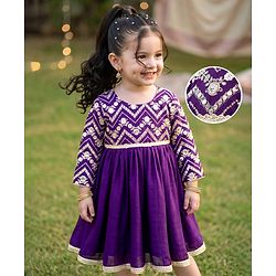 Babyhug Woven Ethnic Dresses With Three Fourth Sleeves and Floral Sequin Embroidery - Purple