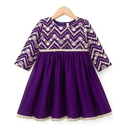 Babyhug Woven Ethnic Dresses With Three Fourth Sleeves and Floral Sequin Embroidery - Purple