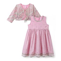 Babyhug Chanderi Woven Ethnic Dress and Jacket with Three Fourth Sleeves and Floral Sequin Embroidery in Pink