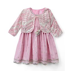 Babyhug Chanderi Woven Ethnic Dress and Jacket with Three Fourth Sleeves and Floral Sequin Embroidery in Pink