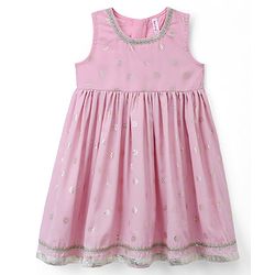Babyhug Chanderi Woven Ethnic Dress and Jacket with Three Fourth Sleeves and Floral Sequin Embroidery in Pink