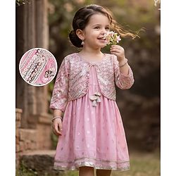 Babyhug Chanderi Woven Ethnic Dress and Jacket with Three Fourth Sleeves and Floral Sequin Embroidery in Pink