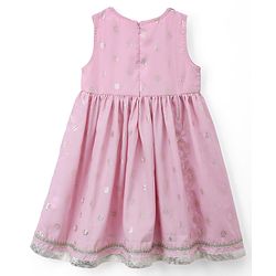 Babyhug Chanderi Woven Ethnic Dress and Jacket with Three Fourth Sleeves and Floral Sequin Embroidery in Pink
