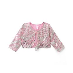Babyhug Chanderi Woven Ethnic Dress and Jacket with Three Fourth Sleeves and Floral Sequin Embroidery in Pink