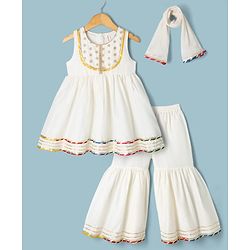 Babyhug Cotton Blend Woven Sleeveless Lace Detailing Kurti & Gharara Set With Dupatta - White