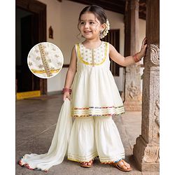 Babyhug Cotton Blend Woven Sleeveless Lace Detailing Kurti & Gharara Set With Dupatta - White