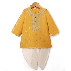 Babyhug Cotton Blend Woven Full Sleeves Kurta & Dhoti Set With Foil Print - Mustard