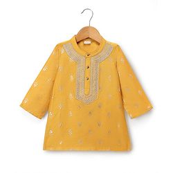 Babyhug Cotton Blend Woven Full Sleeves Kurta & Dhoti Set With Foil Print - Mustard