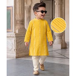 Babyhug Cotton Blend Woven Full Sleeves Embroidered Pintucked Kurta Pyjama Set With Lace Work - Yellow
