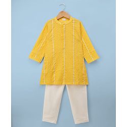Babyhug Cotton Blend Woven Full Sleeves Embroidered Pintucked Kurta Pyjama Set With Lace Work - Yellow