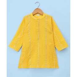 Babyhug Cotton Blend Woven Full Sleeves Embroidered Pintucked Kurta Pyjama Set With Lace Work - Yellow
