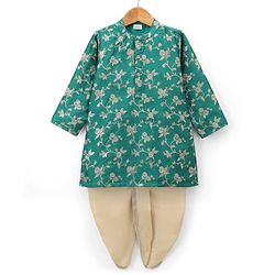 Babyhug Brocade Woven Full Sleeves Kurta Dhoti Set With Floral Zaari Work - Green