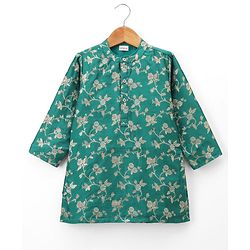 Babyhug Brocade Woven Full Sleeves Kurta Dhoti Set With Floral Zaari Work - Green