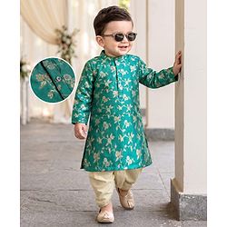 Babyhug Brocade Woven Full Sleeves Kurta Dhoti Set With Floral Zaari Work - Green