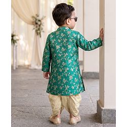 Babyhug Brocade Woven Full Sleeves Kurta Dhoti Set With Floral Zaari Work - Green