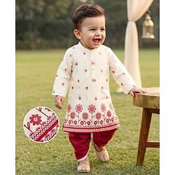 Babyhug Chanderi Woven Full Length Dhoti & Kurta Set with Full Sleeves and Floral Print - Offwhite