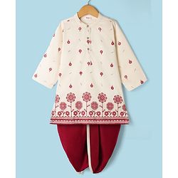 Babyhug Chanderi Woven Full Length Dhoti & Kurta Set with Full Sleeves and Floral Print - Offwhite