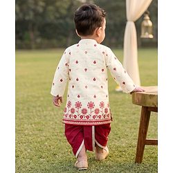 Babyhug Chanderi Woven Full Length Dhoti & Kurta Set with Full Sleeves and Floral Print - Offwhite