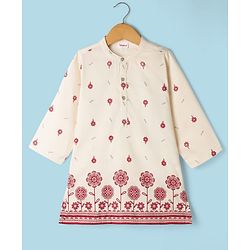 Babyhug Chanderi Woven Full Length Dhoti & Kurta Set with Full Sleeves and Floral Print - Offwhite