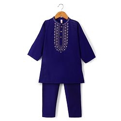 Babyhug Cotton blend Woven Kurta Pyjama Set with Full Sleeves and Geometric Embroidery in Navy Blue