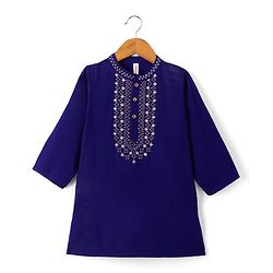 Babyhug Cotton blend Woven Kurta Pyjama Set with Full Sleeves and Geometric Embroidery in Navy Blue