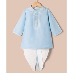 Babyhug Cotton Mix Woven Full Length Dhoti & Kurta Set with Full Sleeves and Embroidery - Light Blue