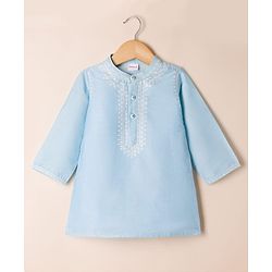 Babyhug Cotton Mix Woven Full Length Dhoti & Kurta Set with Full Sleeves and Embroidery - Light Blue