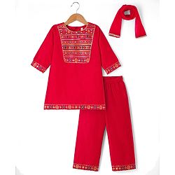 Babyhug Woven Three-Fourth Sequined Kurti & Palazzo Set With Dupatta - Red