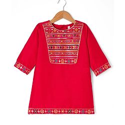 Babyhug Woven Three-Fourth Sequined Kurti & Palazzo Set With Dupatta - Red