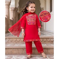 Babyhug Woven Three-Fourth Sequined Kurti & Palazzo Set With Dupatta - Red