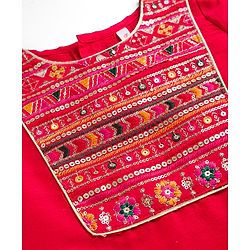 Babyhug Woven Three-Fourth Sequined Kurti & Palazzo Set With Dupatta - Red