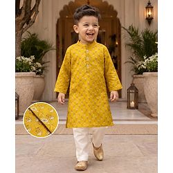 Babyhug 100% Cotton Cambric Woven Full Sleeves Floral Printed Kurta Pyjama - Yellow