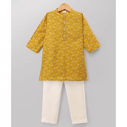 Babyhug 100% Cotton Cambric Woven Full Sleeves Floral Printed Kurta Pyjama - Yellow
