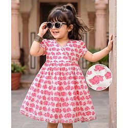 Babyhug 100% Cotton Cambric Woven Half Sleeves Elephant Printed Ethnic Dress - White