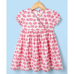 Babyhug 100% Cotton Cambric Woven Half Sleeves Elephant Printed Ethnic Dress - White