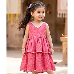 Babyhug Woven Ethnic Dress with Sleeveless and Leaf Print in Light Red