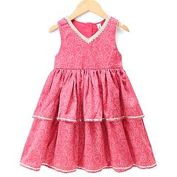 Babyhug Woven Ethnic Dress with Sleeveless and Leaf Print in Light Red
