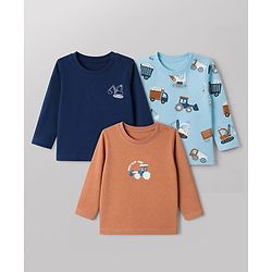 Babyhug 100% Cotton Knit Full Sleeves Tshirts With Vehicle Print Pack Of 3 - Orange & Blue