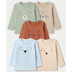 Babyhug 100% Cotton Knit Full Sleeves T-Shirts with Bear Raccoon Tiger Koala Puppy Print Pack of 5 - Light Blue Beige Cream Light Green Brown